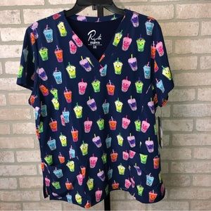 NWT Maevn Blue Boba drink Pattern short sleeve V neck scrub top